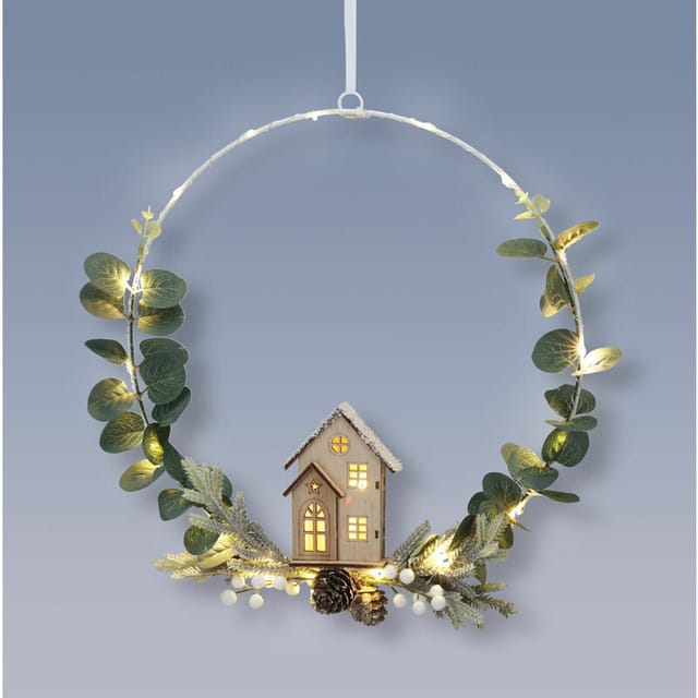 Led Metall Ring mit Häuschen aus Holz zum Aufhängen - 20 led / 30 cm - Weihnachten Winter Deko Aufhänger beleuchtet Batterie betrieben