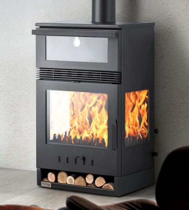 EEK A+ Kaminofen mit Backfach Panoramakamin Dreiseitig Glas 3 Scheiben Teba TKS 15 Verglast 3 Seiten Holzofen 12,8 kW Kamin Ofen Holz Holzherd