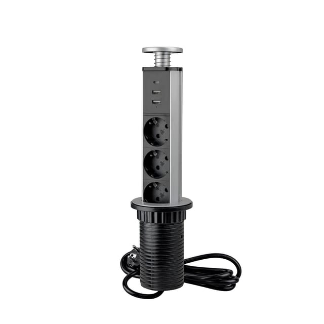 Abnehmbarer Multistecker Vertikal, 3 x Schuko-Stecker, 1 x usb Typ a, 1 x usb Typ c, Kunststoff und Aluminium, Metallic Grau - Emuca
