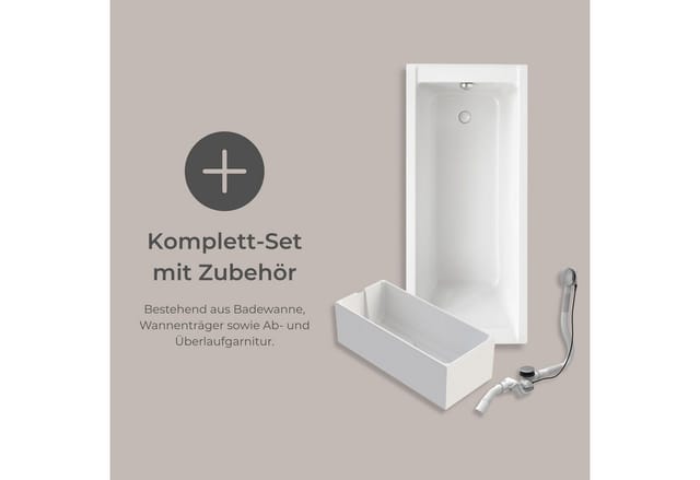 Badewanne Como - 170x75 cm, aus hochwertigem Sanitäracryl, Weiß glänzend, Komplett Set inkl. Wannenträger und Ablauf - Schulte