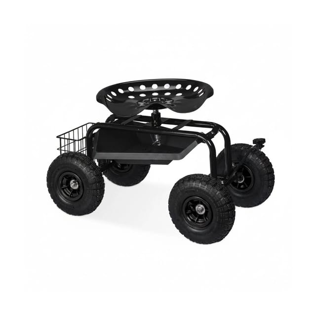 Relaxdays fahrbarer Gartensitz, höhenverstellbar, 150 kg, Stauraum, Rollsitz Gartenarbeit, Stahl, Luftreifen, schwarz