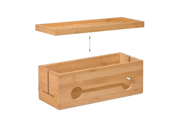 Relaxdays - Kabelbox für 2 Steckdosenleisten, Bambus, HxBxT: 14 x 34,5 x 14 cm, Kabel verstecken, Steckdosenbox, natur
