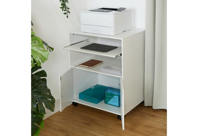 Relaxdays - Rollcontainer mit 2 Fächern & Tastaturauszug, Druckertisch mit Rollen, hbt: 74 x 60 x 48 cm, Büroschrank, weiß