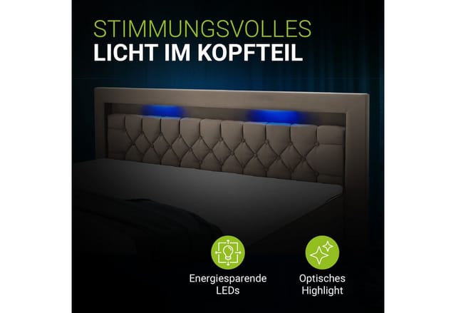 Boxspringbett Leona 140x200 cm - Bett mit led Beleuchtung, Topper & H4 Federkern Matratzen - Einzelbett Beige mit Samt und Steppung - Juskys