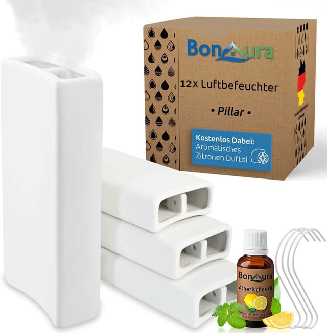 BonAura® Luftbefeuchter Heizung Keramik i Haken & Duftöl [4er, 8er, 12er Set, 400ml] i Wasserverdunster für Heizkörper mit Duft i Verdunster &