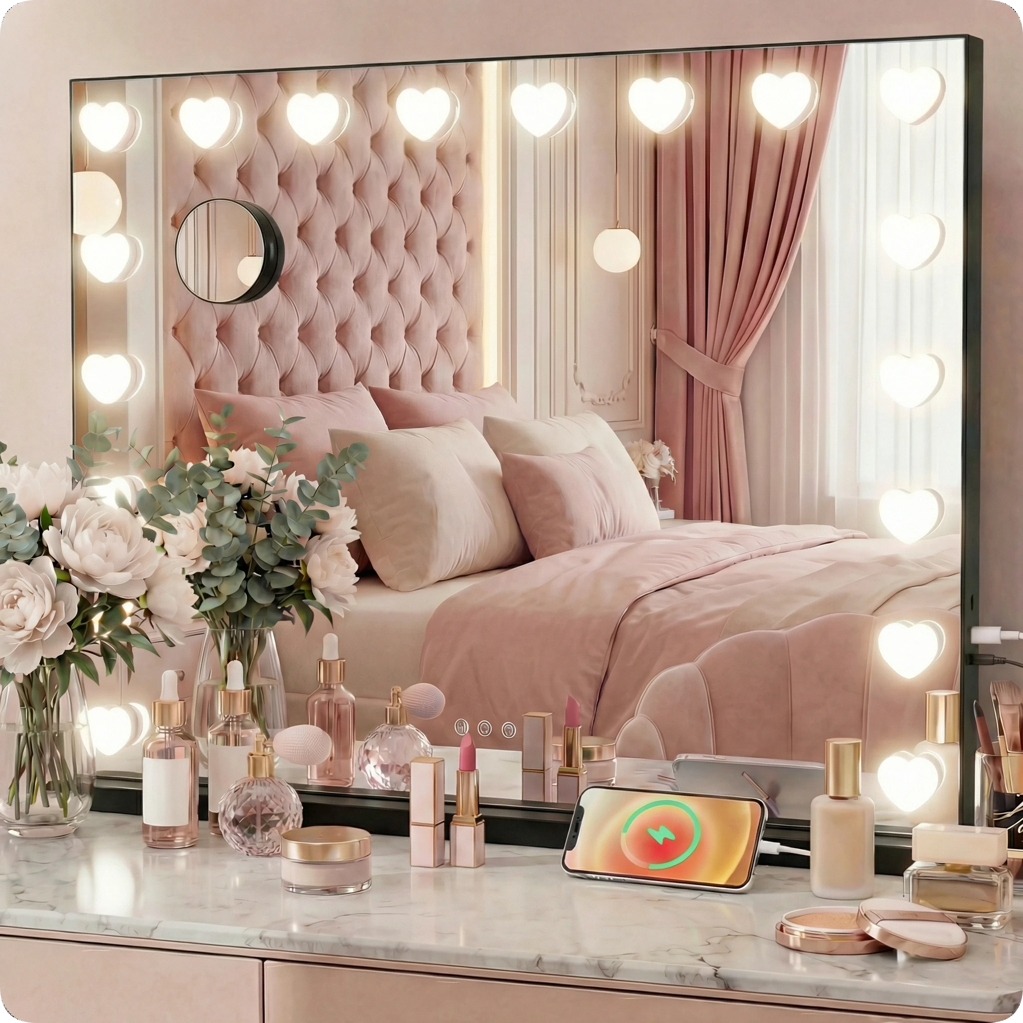 Schwarzer Hollywood-schminkspiegel 58x46cm Mit Led-beleuchtung Und Farbauswahl (10 Stück)