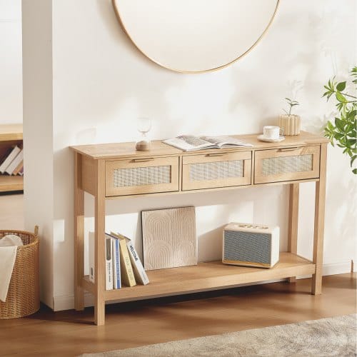 Rattan-konsolentisch Mit 3 Schubladen, Rattan-eingangstisch Mit Natürlicher Rattan-schiebetür, Konsolen-sofatisch Für Wohnzimmer, Arbeitszimmer, Eingangsbereich Oder Fernsehwand, Natur