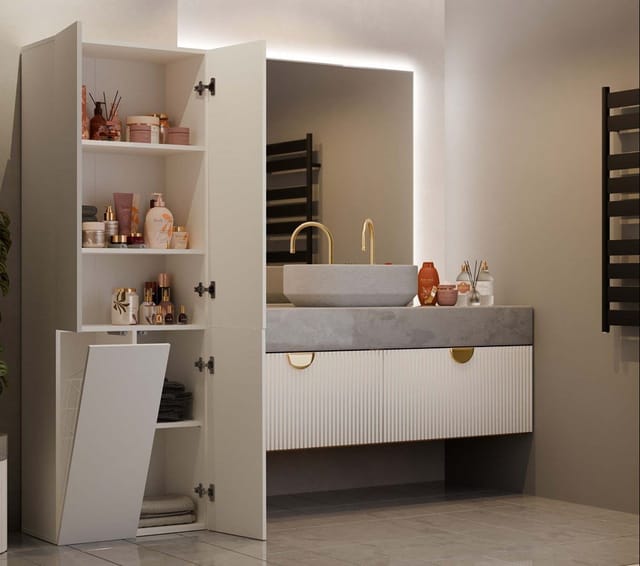 Rory - Badezimmerschrank mit Korb - Abmessungen 174x60x30 - Aufbewahrungsmöbel Badezimmer Waschraum