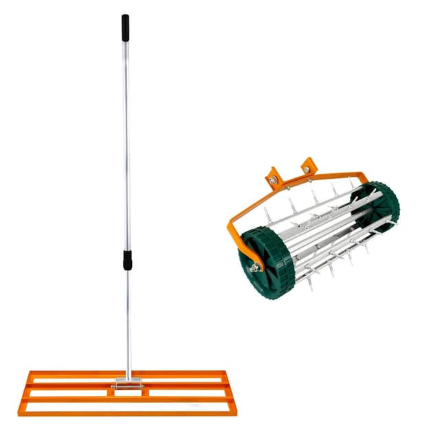 Rasenrakel 100cm und rollender Rasenlüfter Orange 1.9m