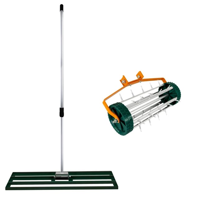 Rasenrakel 100cm und rollender Rasenlüfter Grün 1.9m