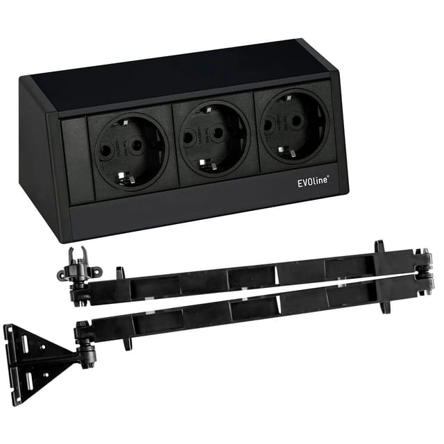 Evoline - R-Dock Steckdose für Schublade mit Wing Kabelführung - 3er Steckdose, schwarz 230V