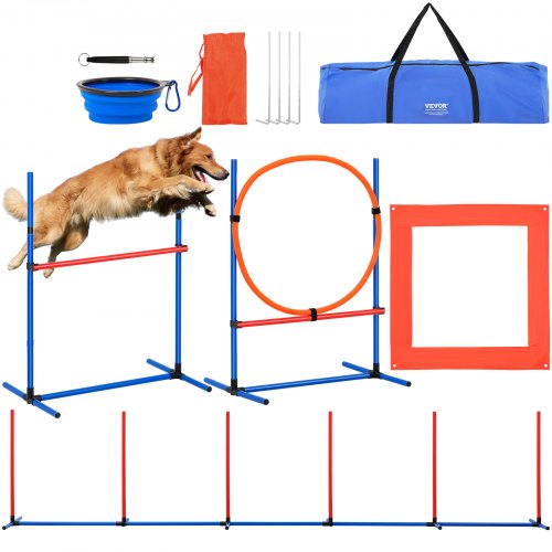 Hunde-Agility-Trainingsausrüstung, 4-teiliges Set mit verstellbaren hohen Hürden, 6 Slalomstangen, Sprungring, quadratischer Pausenbox, Pfeife,