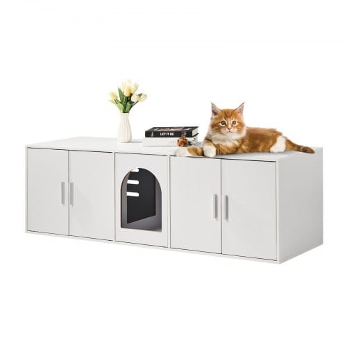 Katzentoilettengehäuse Für 2 Katzen, Katzentoilettenmöbel Versteckt Mit Doppelzimmern, Katzentoilettenschrank Aus Holz Passt In Die Meisten Katzentoiletten, 57,9"l X 18,3"b X 17,9"h, Weiß