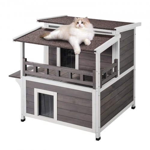 Katzenhaus Für Draußen, Wetterfest, Unterschlupf Für Wildkatzen Für Mehrere Katzen, Großes 2-stöckiges Katzenhaus Aus Holz Für Draußen Mit Balkon, Türen, Pvc-türklappen Und Offenem Dach, 76,2 Cm L X 7