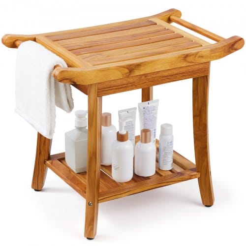 Duschbank Aus Teakholz, 56 X 36 X 47 Cm, Wasserdichter Duschhocker Aus Holz Mit Ablagefläche, Griff Und Rutschfesten Füßen, Maximale Tragkraft 136 Kg, Für Badezimmer Im Innen- Und Außenbereich