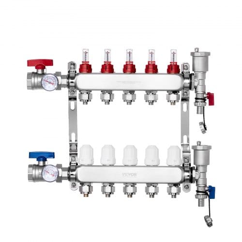 Vevor 5-zweig-wärmeverteilungsverteiler, 1/2-zoll-pex-rohrverteiler, Edelstahl-pex-verteiler Für Hydronische Fußbodenheizung, Wärmeverteilungs-pex-verteilersatz Mit 1/2-zoll-adaptern Im Lieferumfang