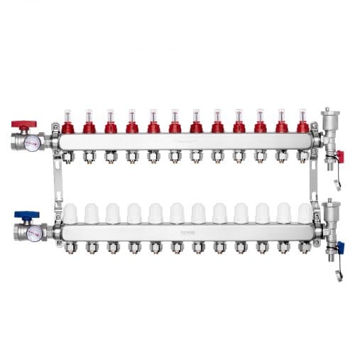12-abzweig-wärmeverteilungsverteiler, 1/2-zoll-pex-rohrverteiler, Edelstahl-pex-verteiler Für Hydronische Fußbodenheizung, Wärmeverteilungs-pex-verteilersatz Mit 1/2-zoll-adaptern - Vevor