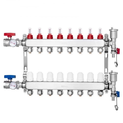 Vevor 8-zweig-wärmeverteilungsverteiler, 1/2-zoll-pex-rohrverteiler, Edelstahl-pex-verteiler Für Hydronische Fußbodenheizung, Wärmeverteilungs-pex-verteilersatz Mit 1/2-zoll-adaptern Im Lieferumfang
