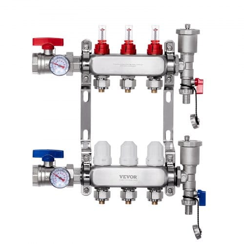 Vevor 3-zweig-wärmeverteilungsverteiler, 1/2-zoll-pex-rohrverteiler, Edelstahl-pex-verteiler Für Hydronische Fußbodenheizung, Wärmeverteilungs-pex-verteilersatz Mit 1/2-zoll-adaptern Im Lieferumfang