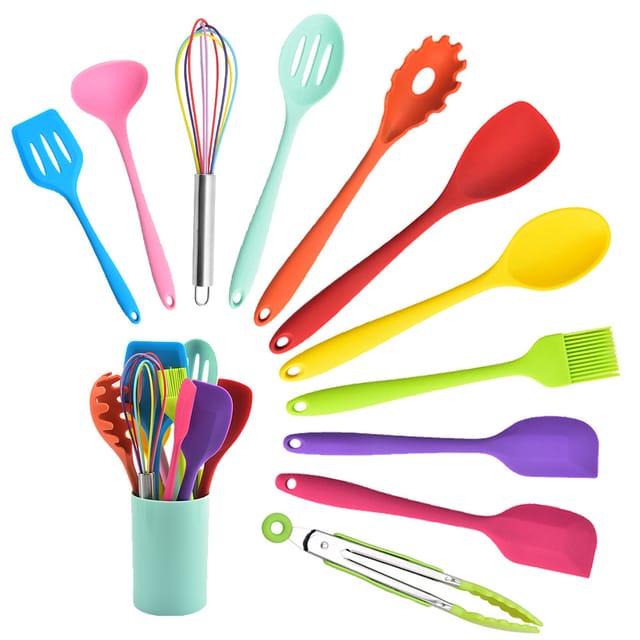 Küchenhelfer Set, 12 Teilig Silikon Kochutensilien Kochgeschirr, Hitzebeständiger Kochbesteck Set Mit Utensilienhalter, Gesund & Antihaft, Spülmaschinengeeignet