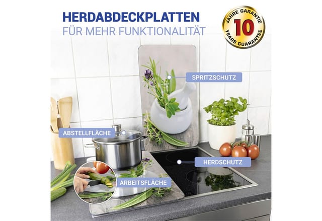 Herdabdeckplatte Universal Kräutergarten 2er Set, für alle Herdarten, Mehrfarbig, Gehärtetes Glas mehrfarbig, Kunststoff (tpe) hellgrau, Kunststoff