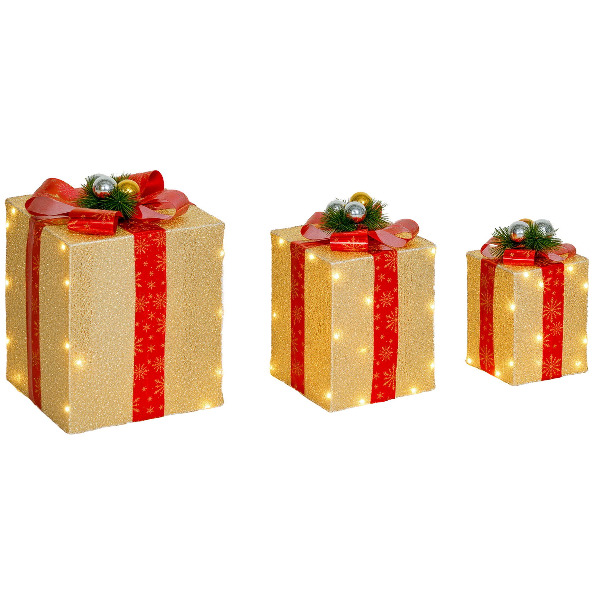 Set Mit 3 Weihnachtsgeschenkboxen Mit 58 Warmweißen Led-lichtern Und Goldener Dekoration Für Den Weihnachtsbaum.