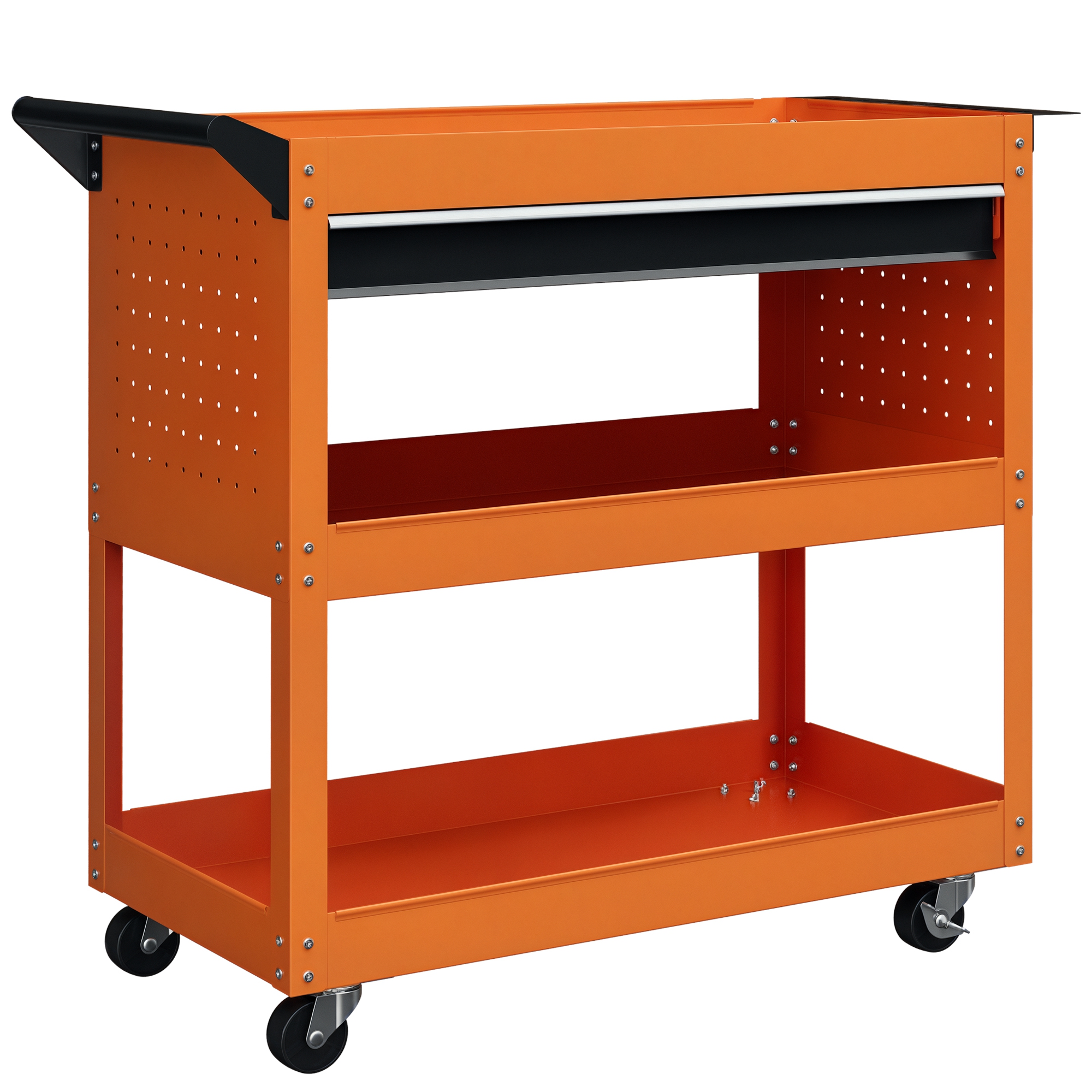 Werkzeugwagen Mit Seitengriff, Schublade Und 3 Stahlablagen, 82 X 35 X 76 Cm, Orange