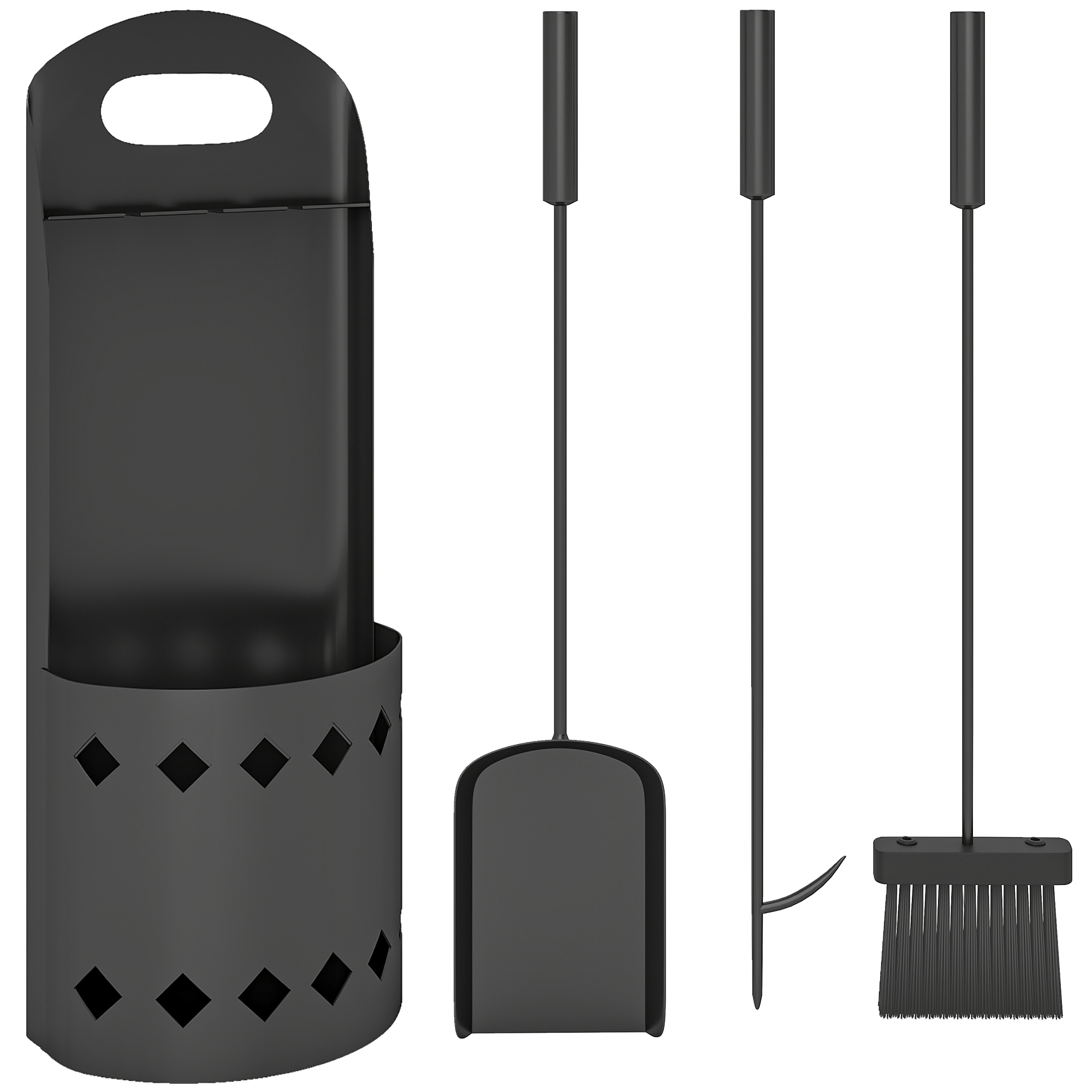 4-teiliges Kaminbesteck-set, Bestehend Aus Bürste, Schaufel, Schürhaken Und Ständer, Aus Schwarzem Metall