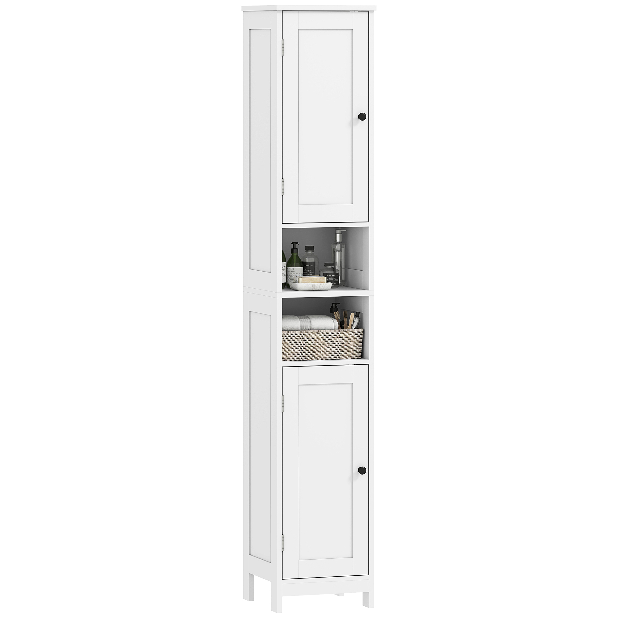 Hoher, Schmaler Badezimmerschrank Mit Türen Und Offenen Regalen, 30 X 30 X 170 Cm, Weiß
