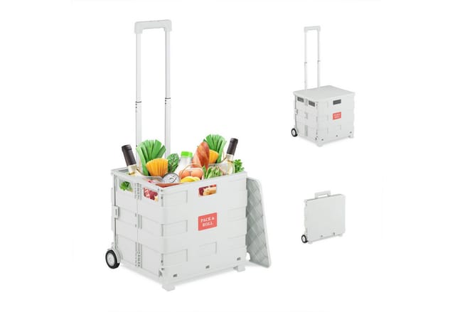 Relaxdays Einkaufstrolley, klappbar, Einkaufskorb mit Rollen, mit Deckel & Teleskopgriff, bis 35 kg, Rollkiste, weiß