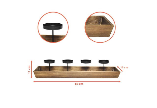 Holz Advents Kerzenleuchter mit 4 Kerzentellern - 56 x 12 cm - Weihnachts Kerzenständer mit integriertem Deko Tablett - Kerzenhalter Adventskranz