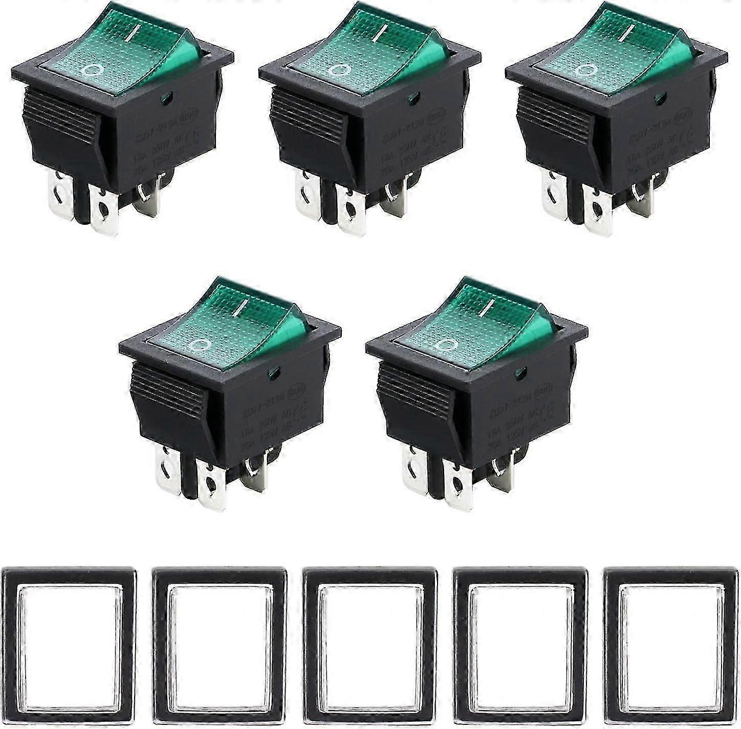 Push-fit-wippschalter 250v, 4-poliger Ein/aus-schalter - 5 Stück Dpst Boots-ein/aus-wippschalter, Grün Beleuchteter Wippschalter, Ac 250v 15a / 125v 20a Mit W.