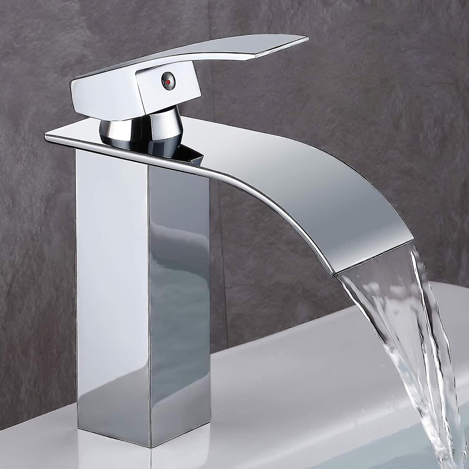 Moderne Waschtischarmatur Mit Wasserfall-effekt, Robustes Ventilgehäuse Aus Kupfer, Verchromtes Messing. Warm- Und Kaltwasseranschluss.
