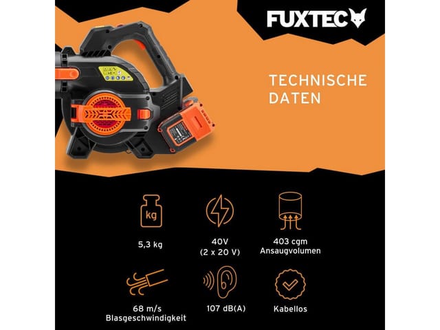 40 Volt 2in1 Akku-Laubbläser/-sauge Set, leistungsstarker Laubhäcksler, inkl. Laubfangsack, ergonomischer Griff, FX-E2LBS-SET - Fuxtec