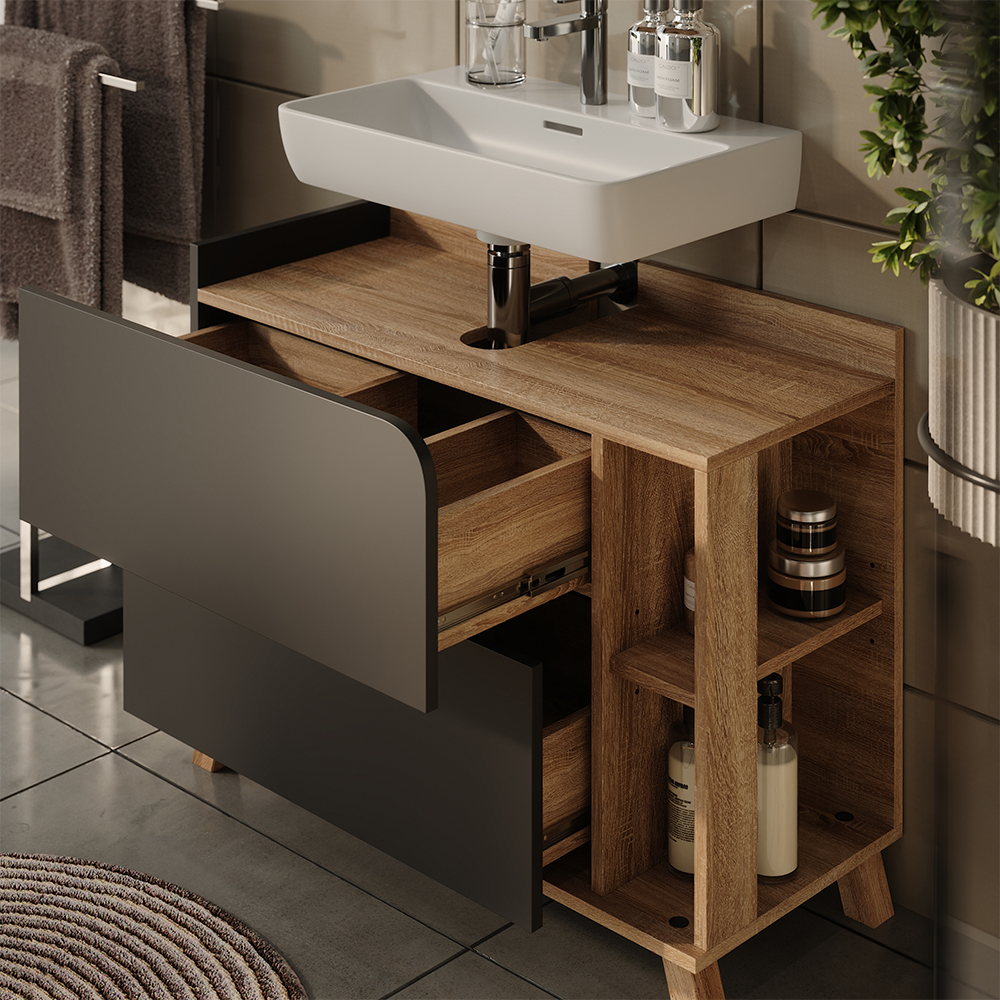Waschbeckenunterschrank Karen, Anthrazit/sonoma, 80 X 65 Cm Mit 2 Schubladen, Vicco