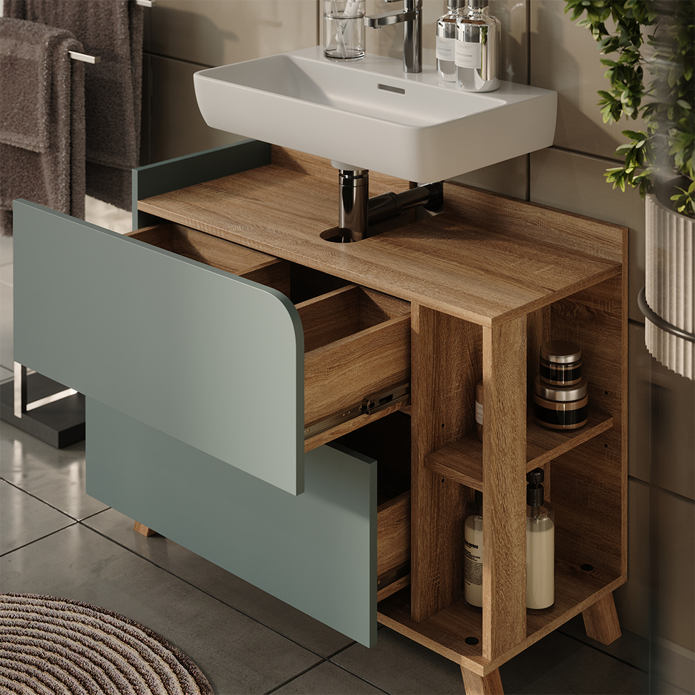 Waschbeckenunterschrank Karen, Blau/sonoma, 80 X 65 Cm Mit 2 Schubladen, Vicco
