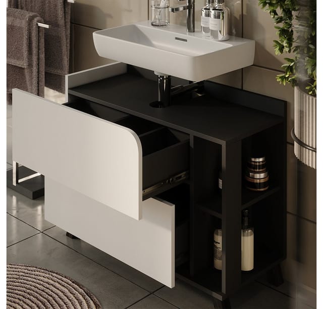 Waschbeckenunterschrank Karen, Weiß/anthrazit, 80 X 65 Cm Mit 2 Schubladen, Vicco