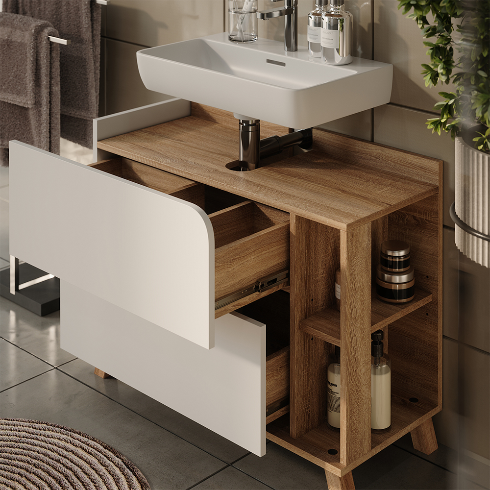 Waschbeckenunterschrank Karen, Weiß/sonoma, 80 X 65 Cm Mit 2 Schubladen, Vicco