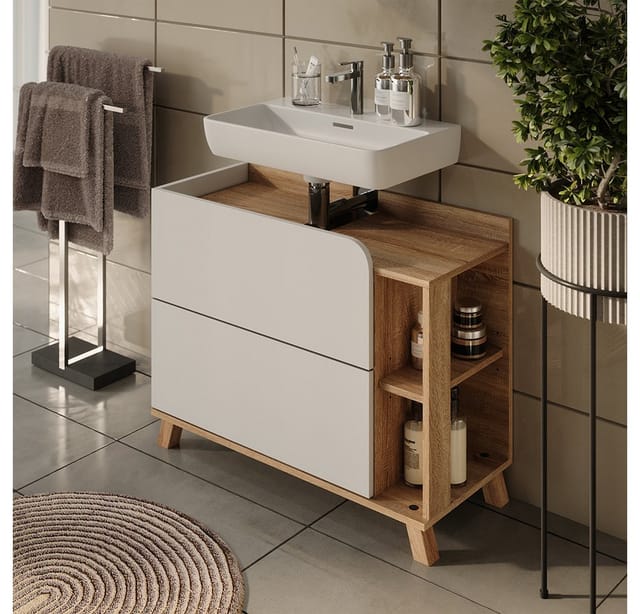Waschbeckenunterschrank Karen, Weiß/sonoma, 80 X 65 Cm Mit 2 Schubladen, Vicco