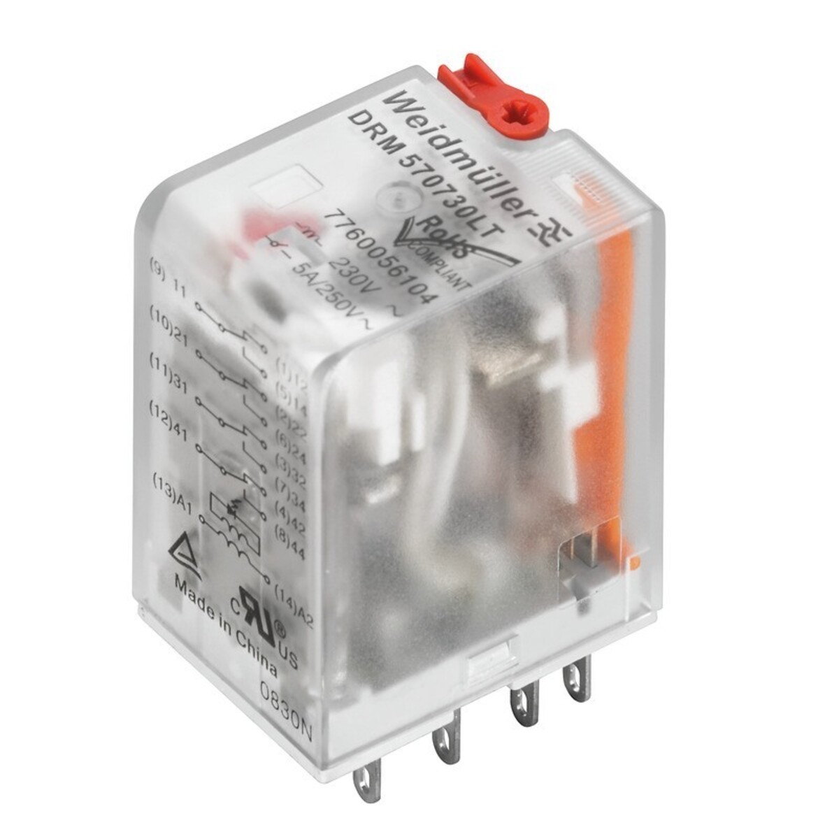 Weidmüller Drm570524lt D-series Drm, Relais, Kontakte: 4, Wechsler, Agni Hauchvergoldet, 24 V Ac, 5 A, Steckanschluss, 7760056101