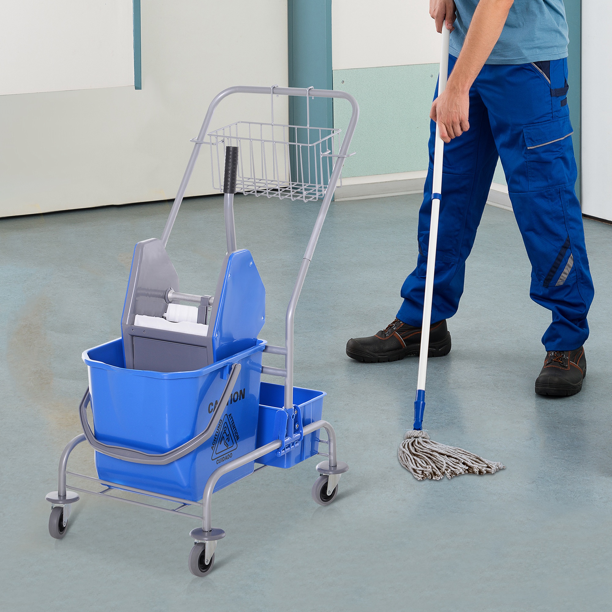 Reinigungswagen. Wischmoppwagen. 25 Liter Fassungsvermögen. 4 Räder. Kunststoff. Blau.