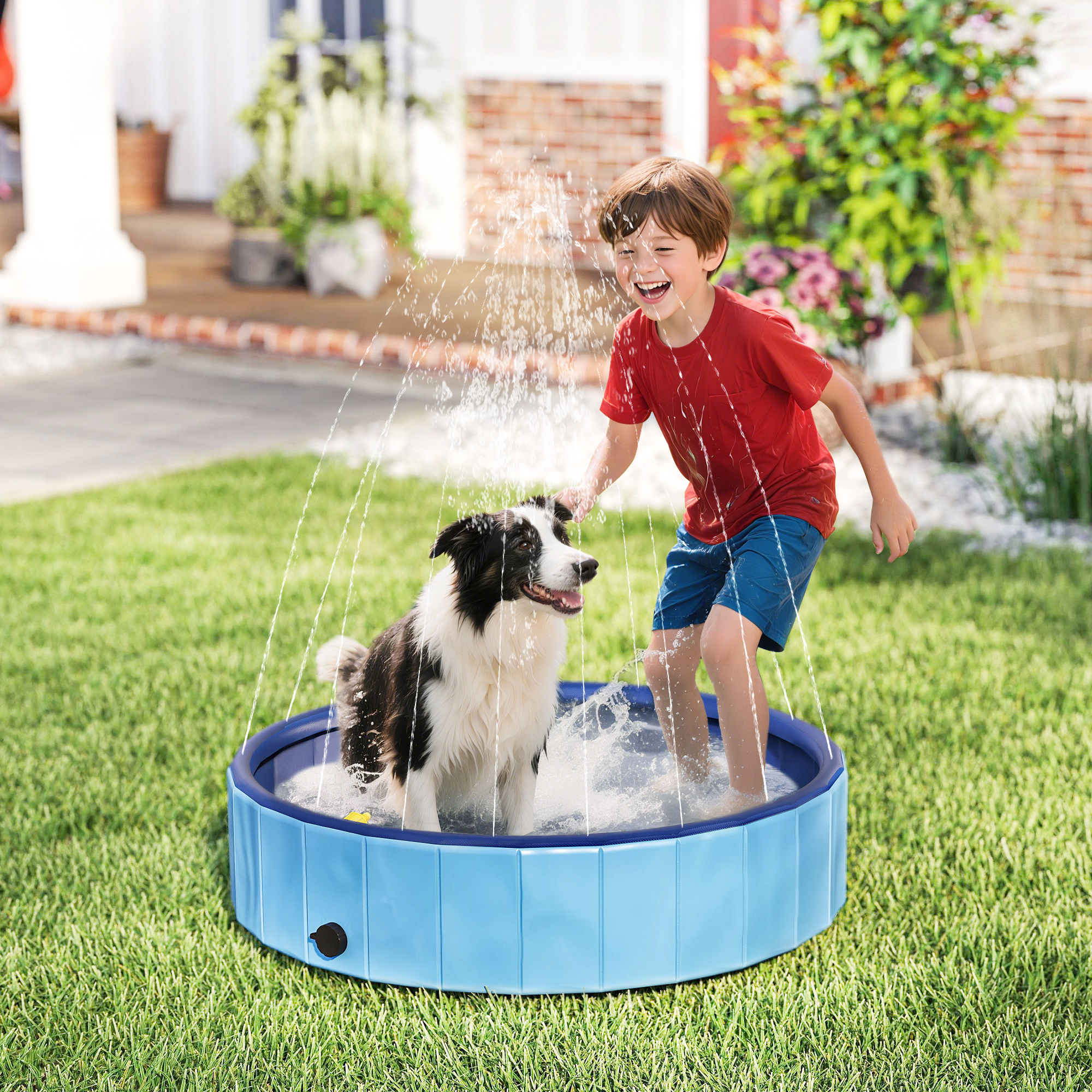 Faltbares Planschbecken Für Kleine Und Mittelgroße Hunde Mit Sprinkler. Aus Strapazierfähigem, Rutschfestem Pvc. Ø 100 X 30 Cm. Hellblau.
