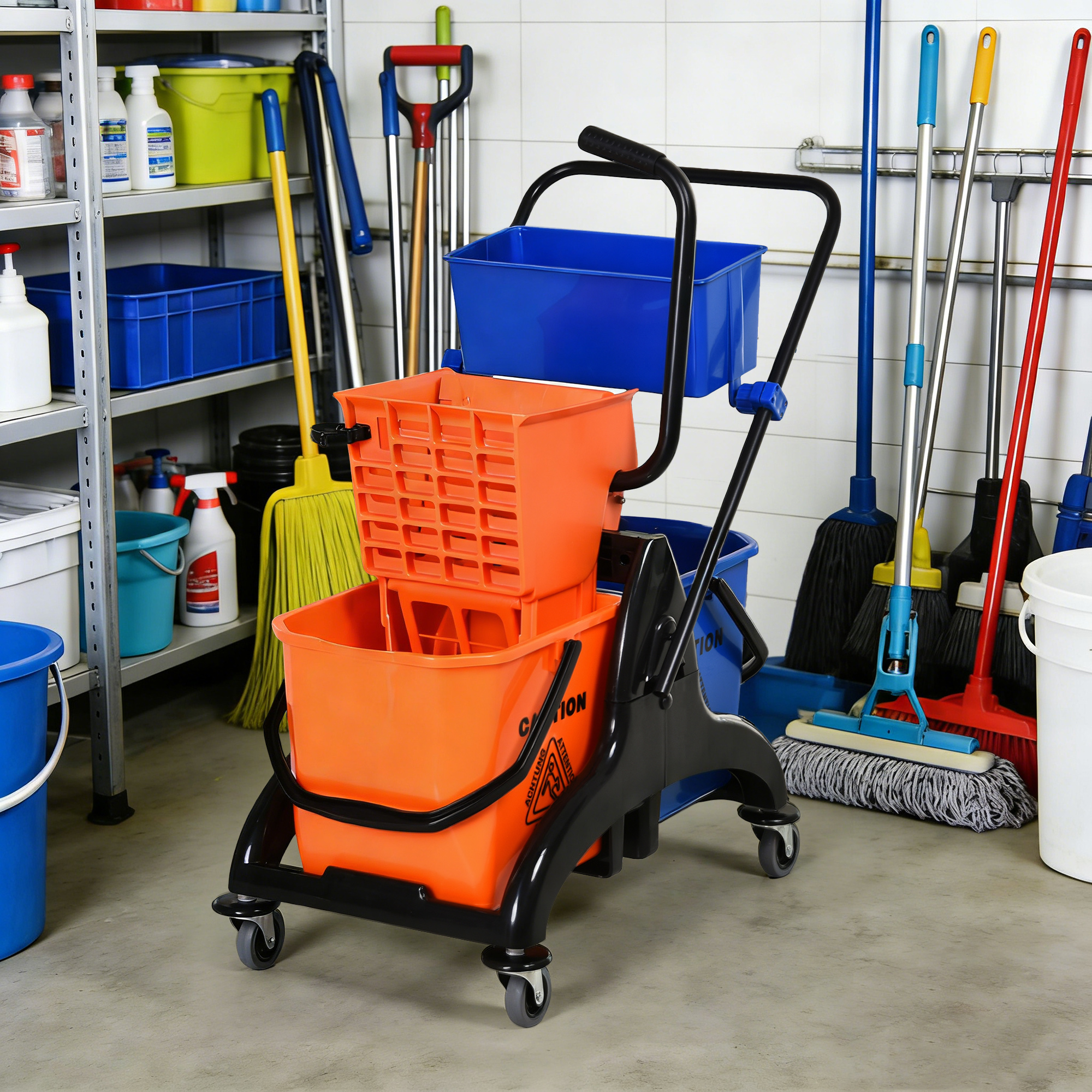 Putzeimer. Wischmoppeimer. Auf Rollen. 26 Liter. Kunststoff. Metall. Orange.