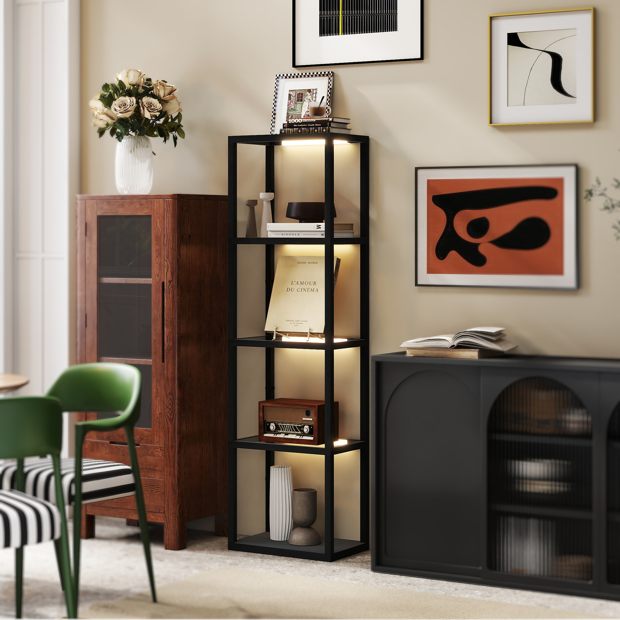 Led-stehleuchte Mit 4-stufigem Regal. Beleuchtetes Regal Mit 4 Glasfächern. Fußschalter. Mdf. Schwarz.