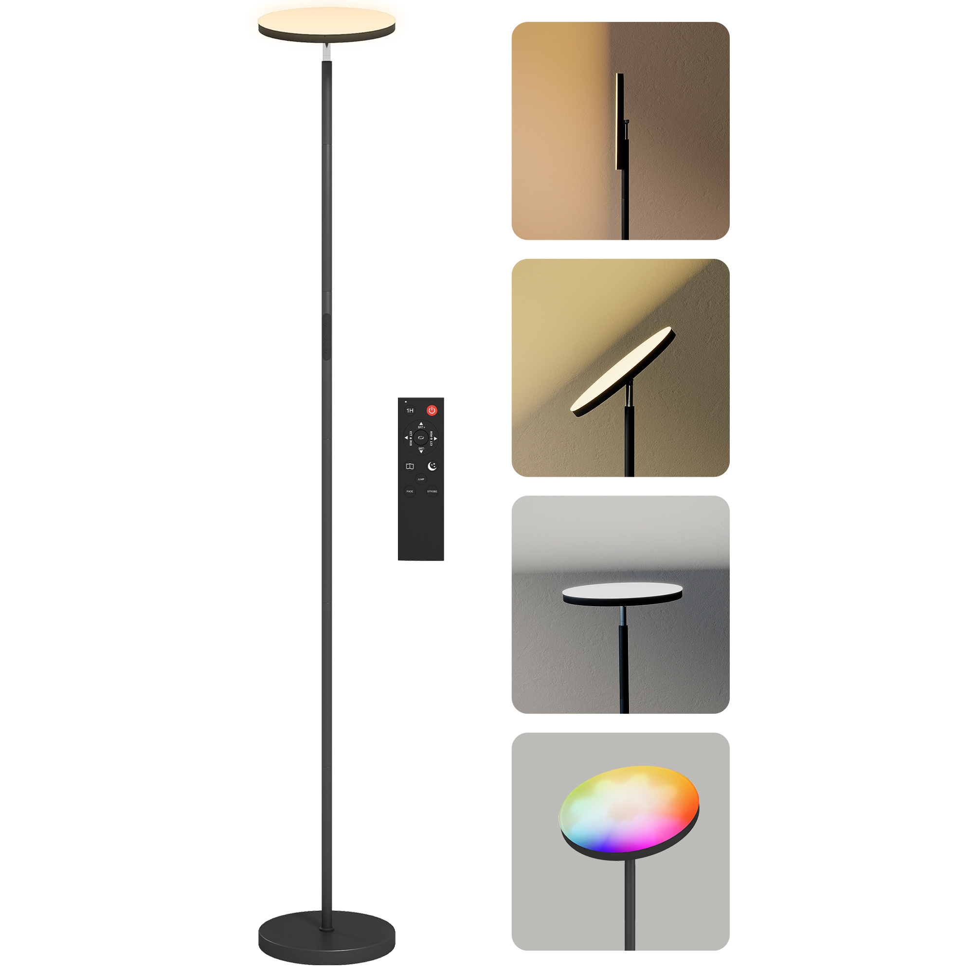 Rgb-stehleuchte Mit Indirekter Beleuchtung. Dimmbar, Steuerbar Per Fernbedienung Und Touch-bedienung. 350° Drehbarer Leuchtenkopf. Schwarz.
