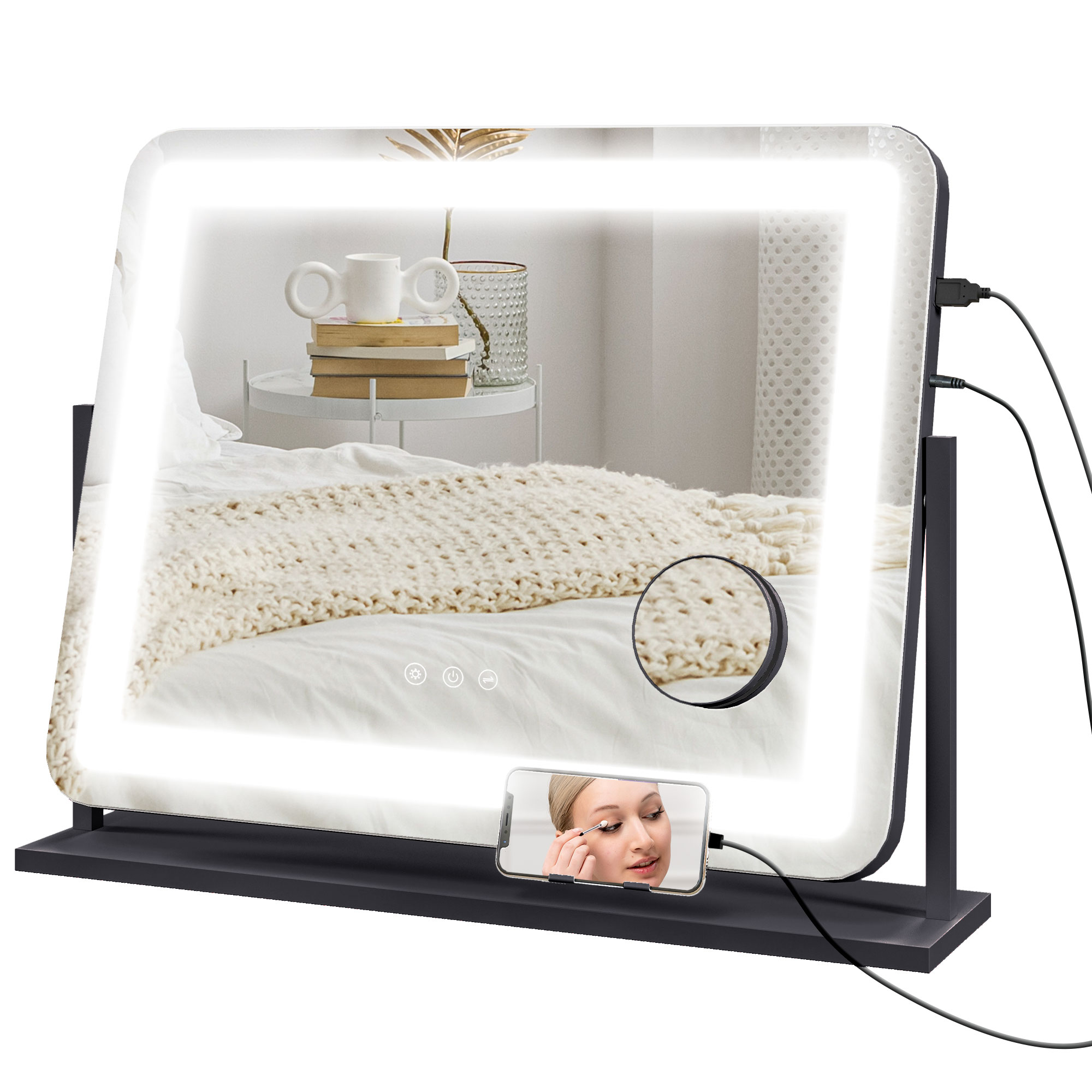 Led-beleuchteter Spiegel Mit 3 Beleuchtungsmodi, 10-facher Vergrößerung, Usb-ladeanschluss Und Touch-bedienung. 62,5 X 52 Cm