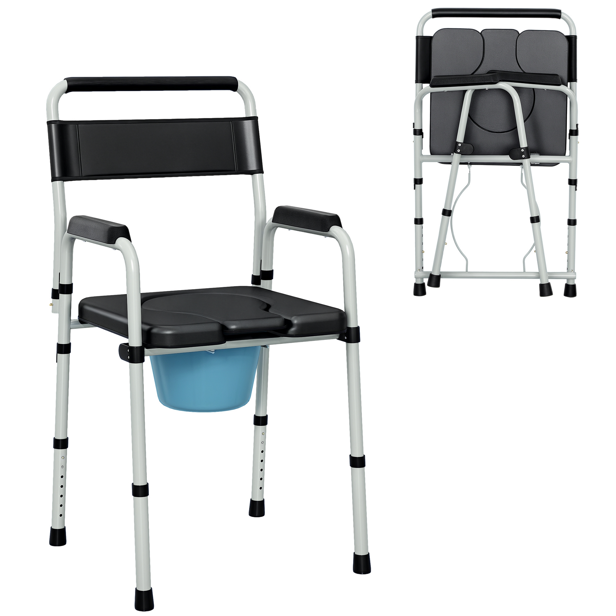 Klappbarer Toilettenstuhl Mit Rutschfester Sitzfläche Und Verstellbarer Höhe. Gepolsterte Sitzfläche Und Armlehnen. Belastbarkeit: 150 Kg. Schwarz.
