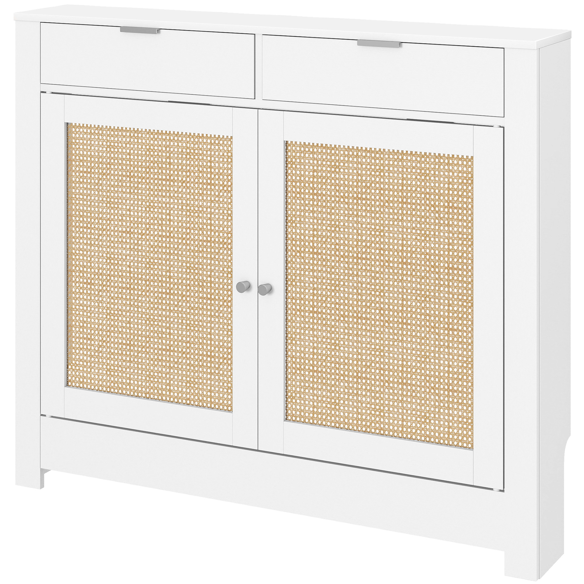 Heizkörperverkleidung Aus Rattan Mit Flügeltüren. Zwei Fächer. Im Bohème-stil, Für Wohn- Oder Schlafzimmer. Weiß.