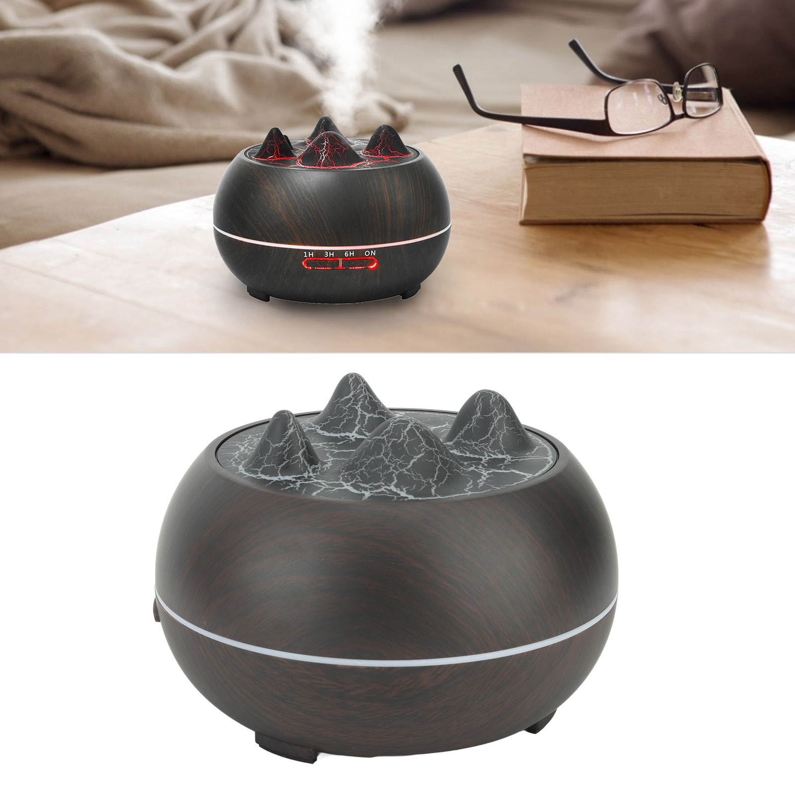 Flaming Mountain Luftbefeuchter, Kleiner Luftbefeuchter Für Schlafzimmer Und Büro, Vulkan-luftbefeuchter, Schwarze Holzoptik, 100–240 V, Europäischer Standard