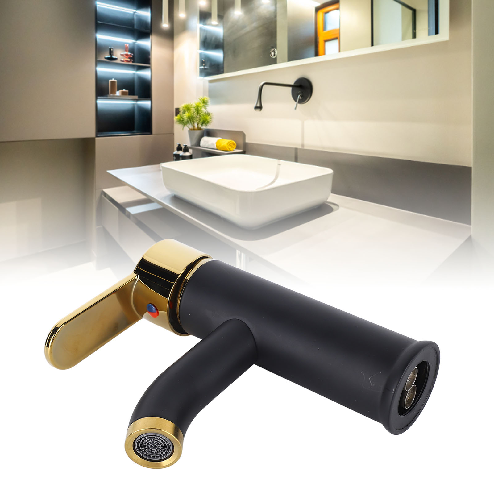 Wandmontierte Einloch-waschtischarmatur, Warm- Und Kaltwasserhahn, Extraflaches, Schwarz-goldenes Modell – Kunststoffgriff Mit Zwei 60-mm-wasserzulaufschläuchen